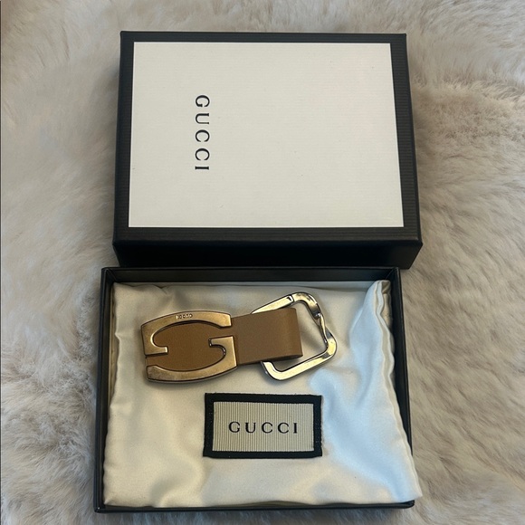 Gucci silver/goldtone and tan leather keychain bag charm Full set - Picture 1 of 17